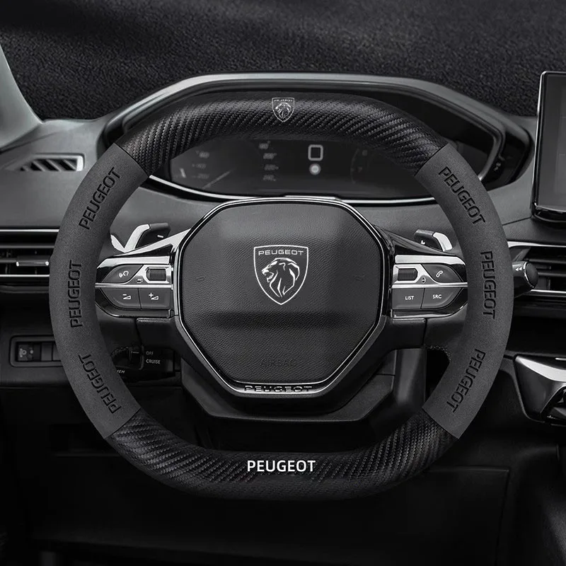 Housse de volant de voiture en daim et cuir, antidérapante, en Fiber de carbone, pour Peugeot e208 2008 e2008 207 206