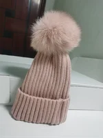 Fashion Brand Winter Adult Women Girl thick wool knitting beanies cap Casual Lady Real Fox fur Pompoms knit hat skullies gorros 3