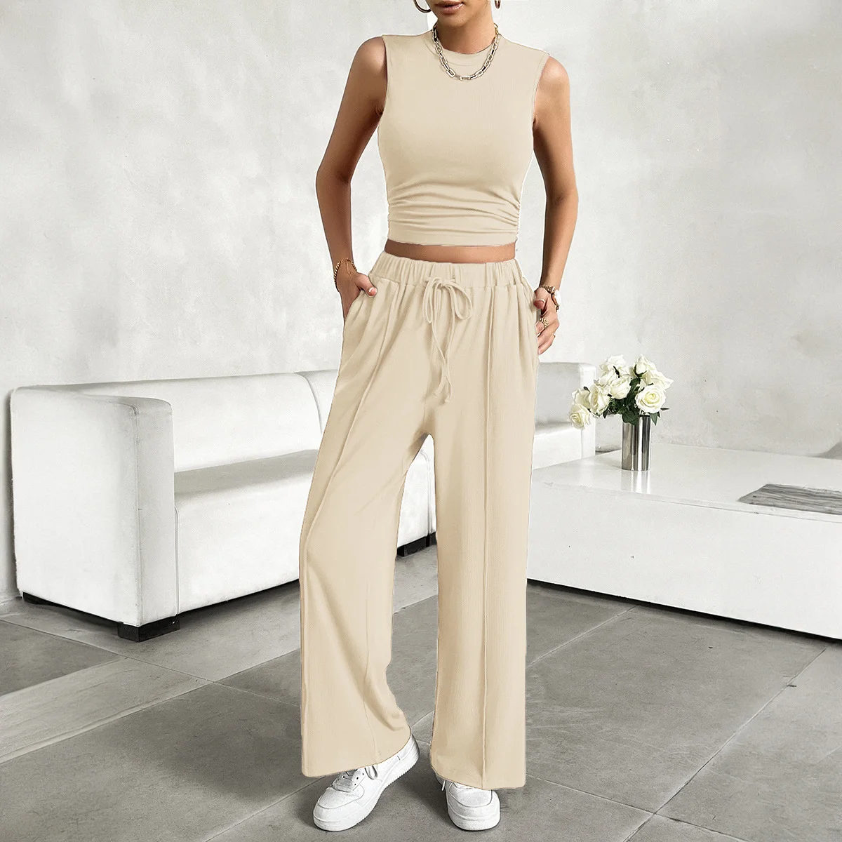 2024 spring and summer casual round neck sleeveless top and trousers two-piece set