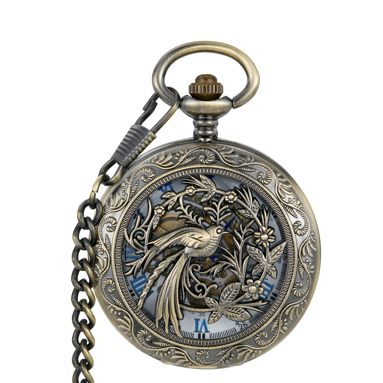 Circular Mechanical Hand Wind Pocket Watches Roman Numeral Dial Skeleton  Flip Watch Men Clock With Fob Chain Gift