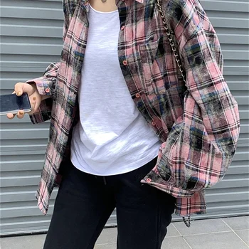 Alien Kitty S-M Women Shirts Plaid Chic Loose Tie-Dying Casual Autumn 2024 All Match Vintage Work Wear Classic Full Sleeve