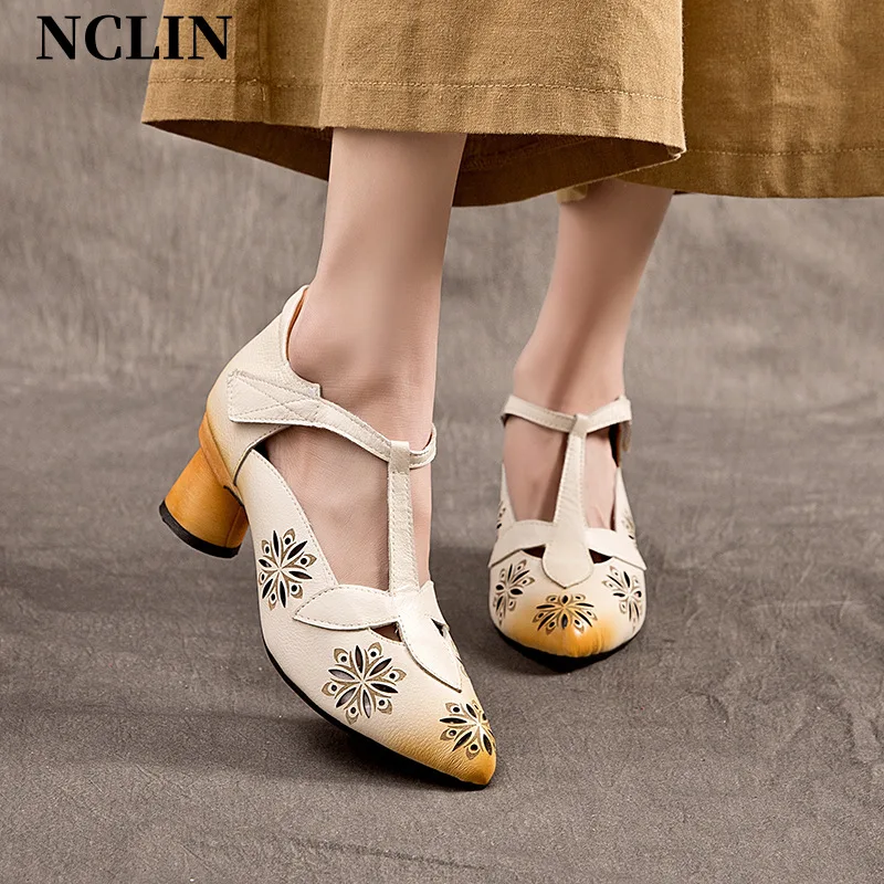 

2024 Spring New Genuine Leather Mary Jane Women's Shoes Chunky Heel Pointed Toe Shallow Single Shoes Women Pumps Zapatos Mujer