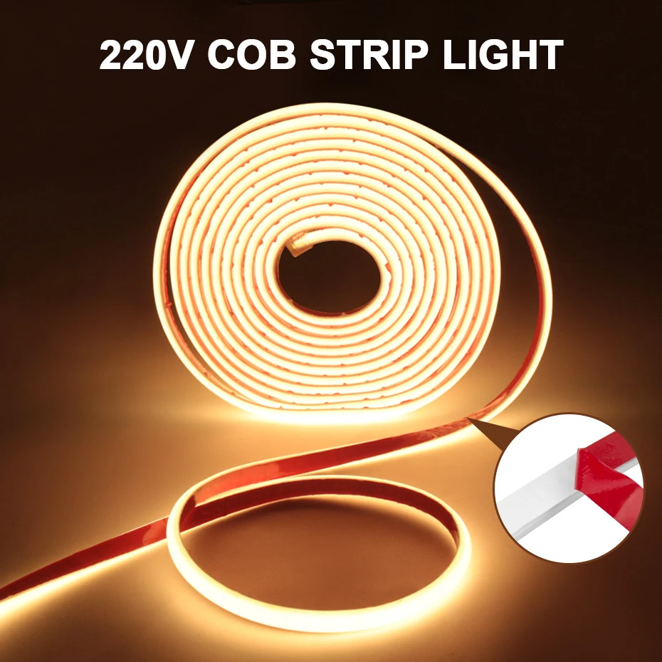 

220V COB LED Strip Light EU Power Plug 288LEDs/m Flexible Adhesive Tape IP65 Waterproof 0.5-50m Led Ribbon for Home Garden Decor