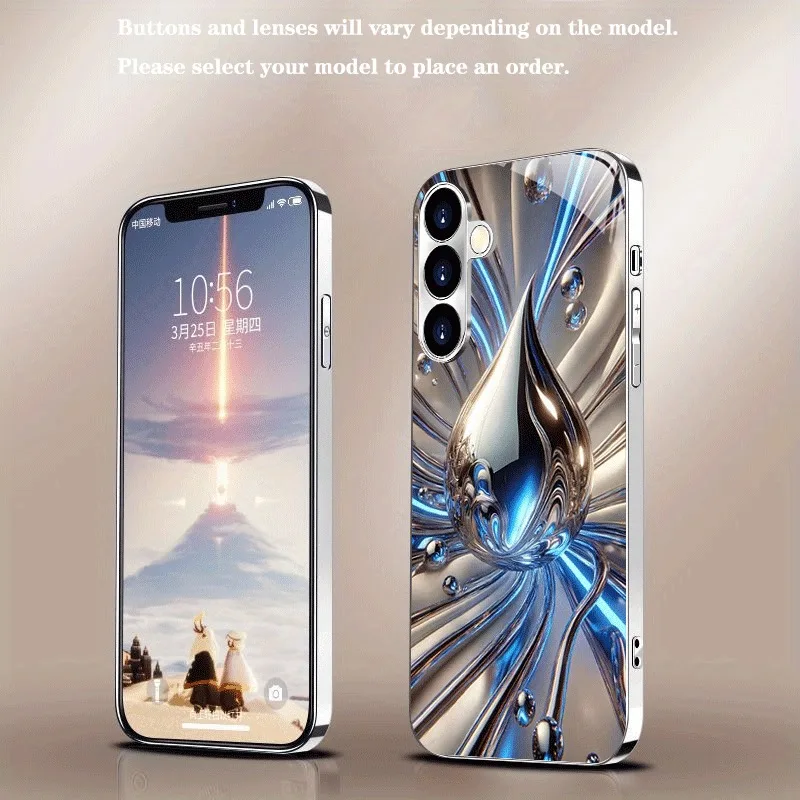 Blue Silver Electroplated Fluid Drop Pattern Glass Phone Case