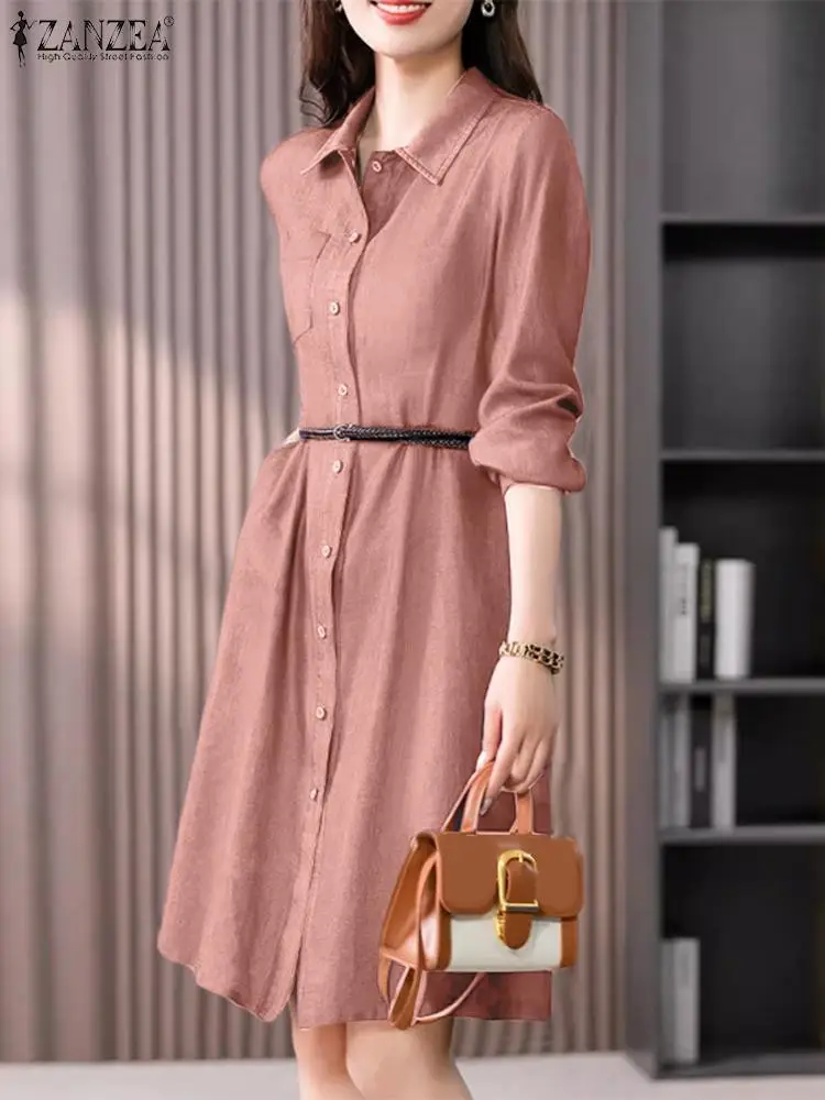 

ZANZEA Casual Loose Midi Dresses Women Short Shirt Dress Fashion Lapel Neck Long Sleeve Robe 2024 Spring Buttons Pocket Vestidos