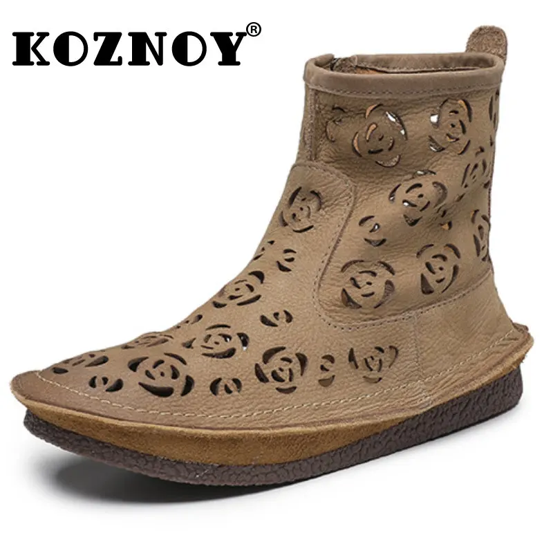 

Koznoy 3cm Women Natural Genuine Leather Ankle Boots Hollow Summer Moccasins Loafers Ethnic Breathable Flats Soft Comfy Shoes