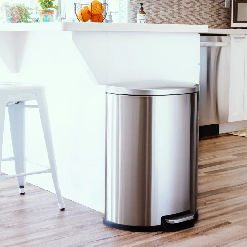 

13.2 Gallon Trash Can, D-Shape Step On Kitchen Trash Can, Stainless Steel