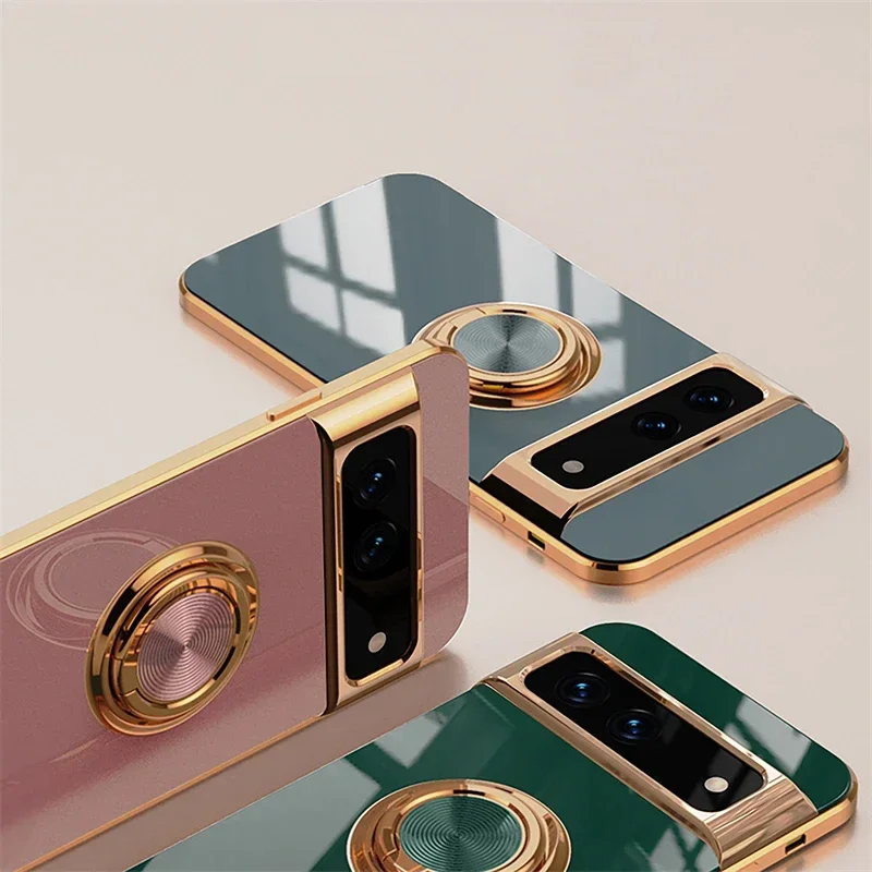 Luxury Plating Silicone Shockproof Phone Case with Metal Ring Magnetic Holder Stand