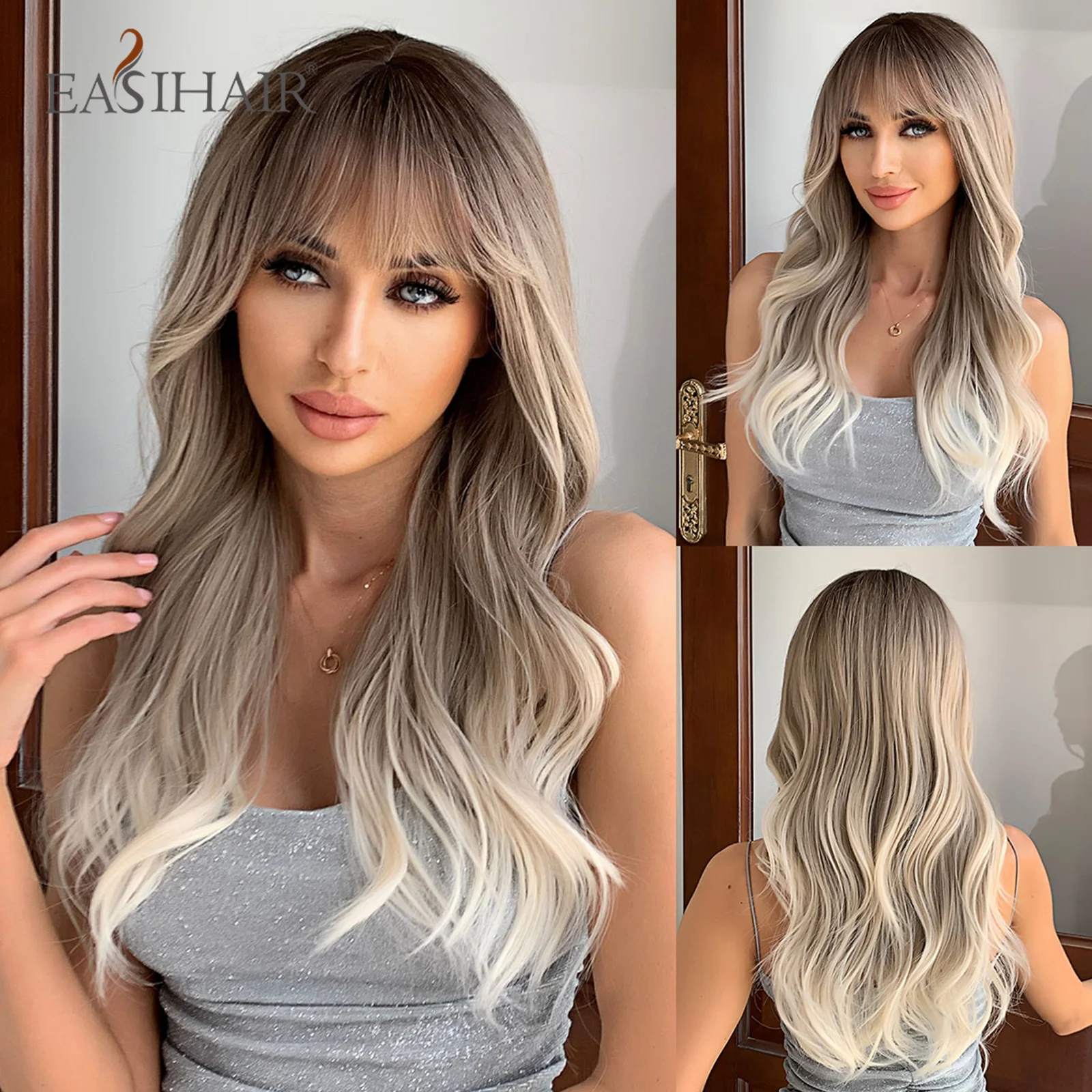 

EASIHAIR Blonde Ombre Synthetic Wigs Long Wavy with Bangs Natural Wave Wig for Women Cosplay Daily Hair Heat Resistant Wig