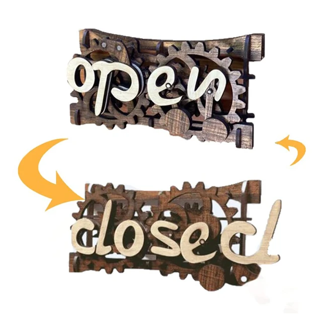 Wooden Double-sided Open/Closed Sign Signs Reversible Gear Business Closing Sign Shop Plaques Billboard Home Decor Ornaments 4