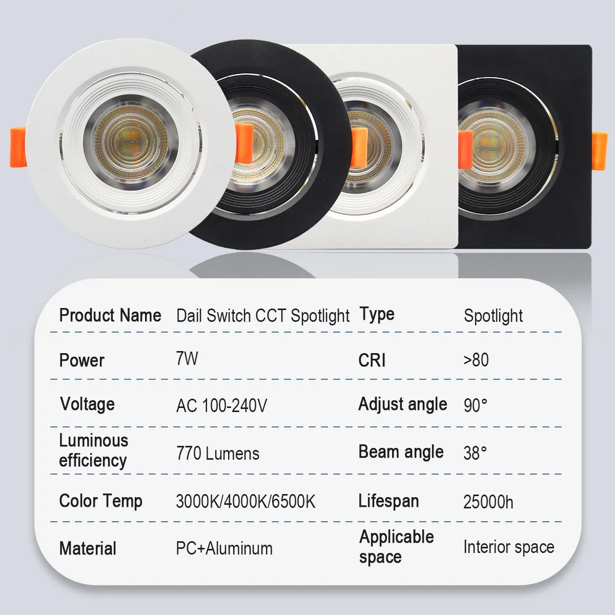 2pcs Recessed LED Spot Downlight Dial Swich CCT 3 Color Adjusted Ceiling Light AC 120V 220V 3000K 4000K 6500K Indoor Lighting 4
