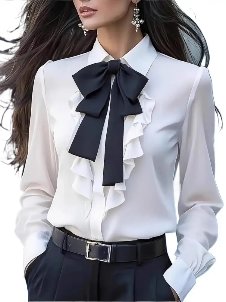 Women Slim Ruffle Butterfly Knot Blouse for Autumn Spring