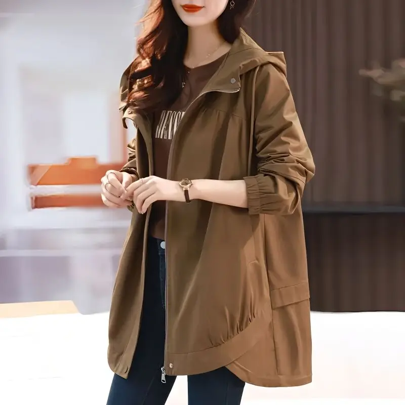 

Womens Windbreaker 2023 Spring Autumn New Large Loose Casual Mid Length Coat Ladies Casual Solid Hooded Jacket Female Trench