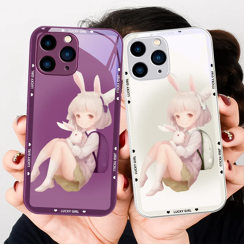 

Metal Coated Tempered Glass Phone Case for Iphone 14 13 12 11 Pro Max X XS XR 7 8 Plus 2020 SE A Little Girl Holding A Rabbit