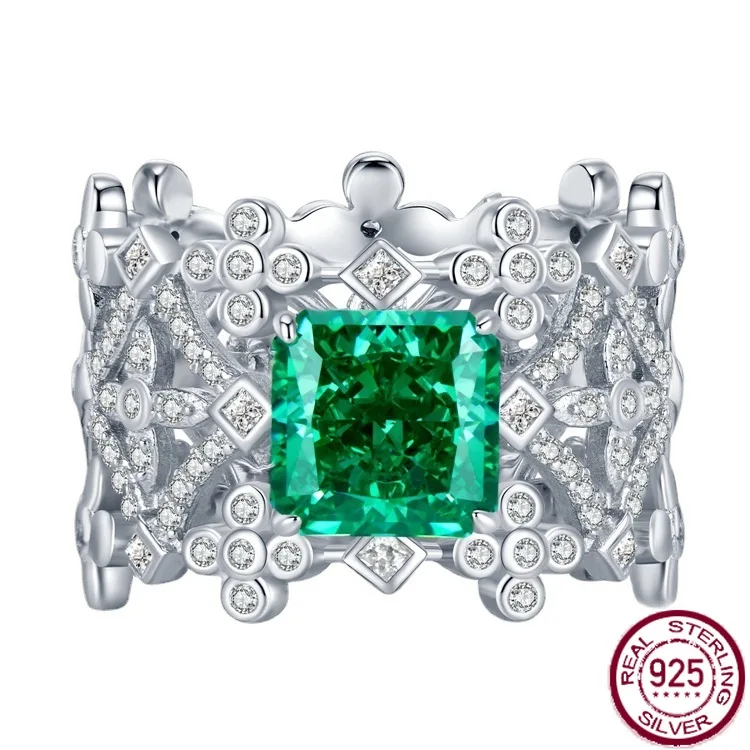 

Кольцо из серебра S925 пробы с кружевом, 8*8 па, с зеленым высокоуглеродистым бриллиантом, геометрический дизайн, модное Универсальное кольцо на палец, ювелирные изделия для женщин