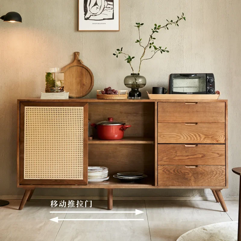 

Japanese household multi-functional rattan sideboard, modern simple multi-functional ash wood solid wood double-door chest