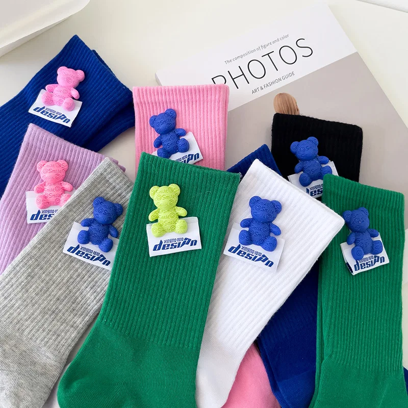 

Spring and Autumn system cloth label bear outer wear couple sports tide socks macaron color medium tube cotton socks