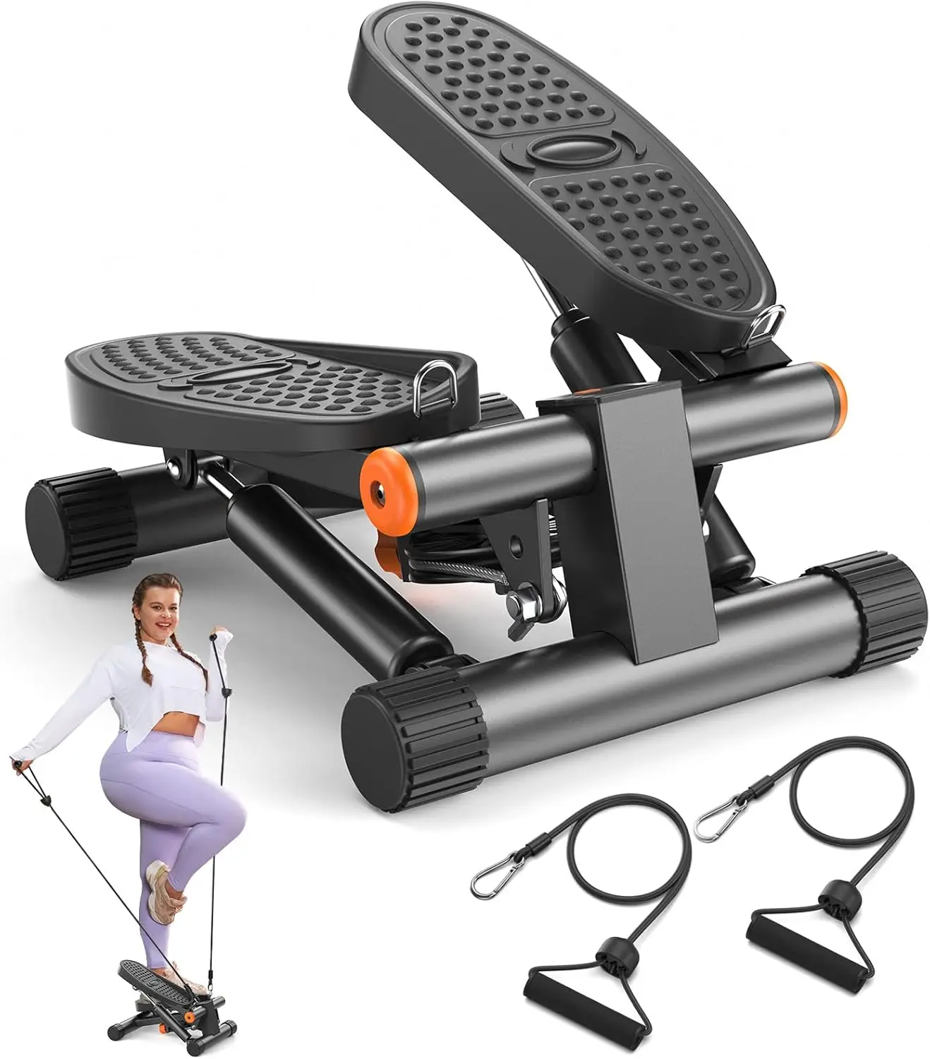 Steppers for Exercise, Stair Stepper with Resistance Bands, Mini Stepper with 300LBS Loading Capacity, Hydraulic Fitness