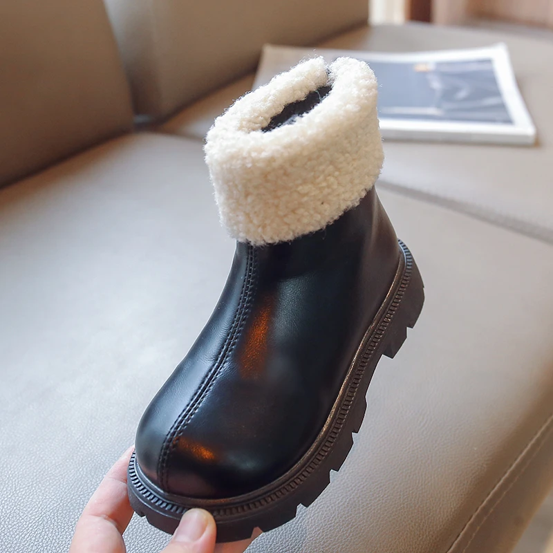 

Бесплатная доставка, ботильоны принцессы для девочек, зимние плюшевые теплые детские кожаные ботинки с отложным воротником из микрофибры, Детская Повседневная модная обувь