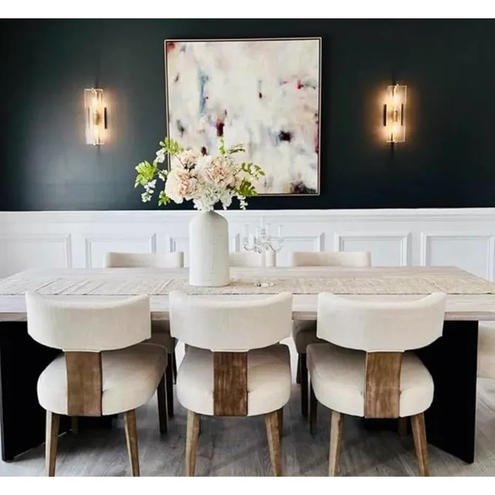 Mid Century Modern Dining Chairs, Farmhouse Linen Fabric Upholstered Accent Chairs Curved Backrest Kitchen Chairs