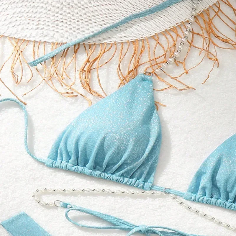 Light Blue Shiny Swimwear Pearl String Halter Micro Thong Bikinis