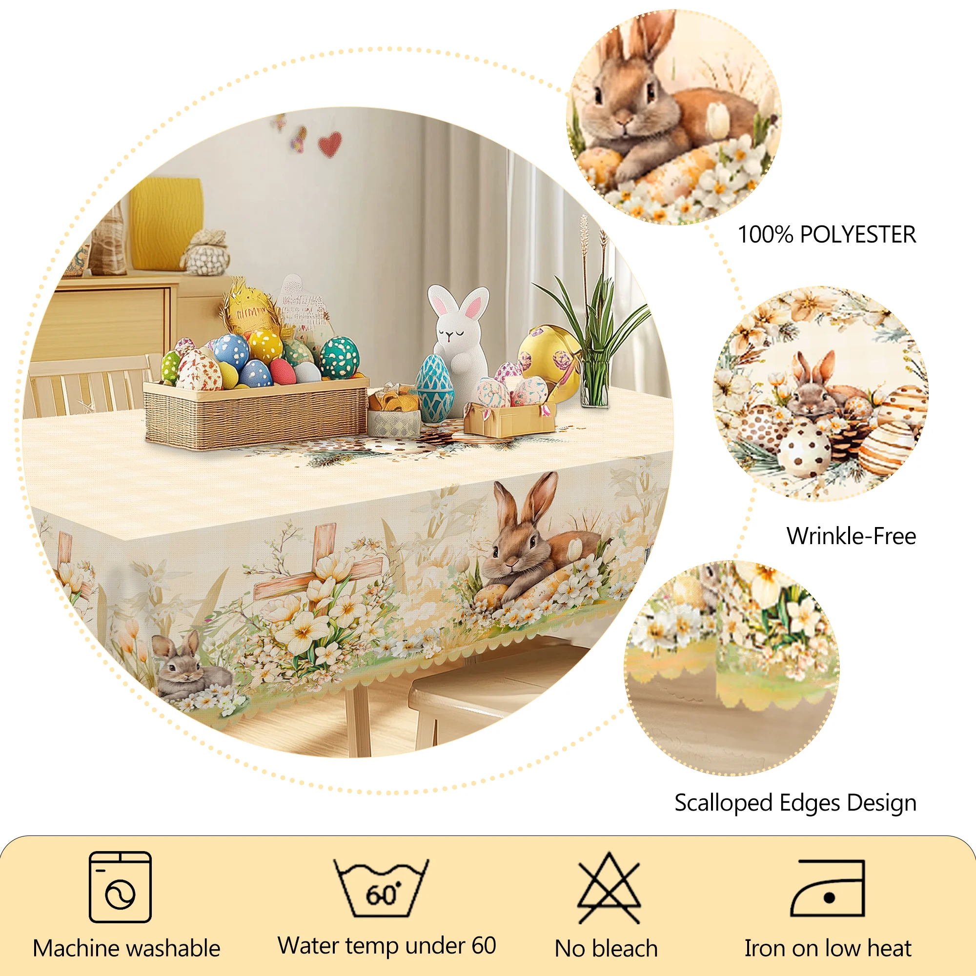 1 Easter Spring Round Tablecloth, 5 Sizes Available, Cross Rabbit Egg Pattern Printed Tablecloth, Edge Embossing Process, Spring Garden Tablecloth Decoration, Tablecloth for Daily Home Kitchen, Terrace Use, Spring Decoration 5