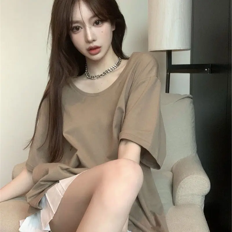

Korean fashion top t-shirt women short sleeved summer new fashion brand retro loose solid color top T shirt streetwear women