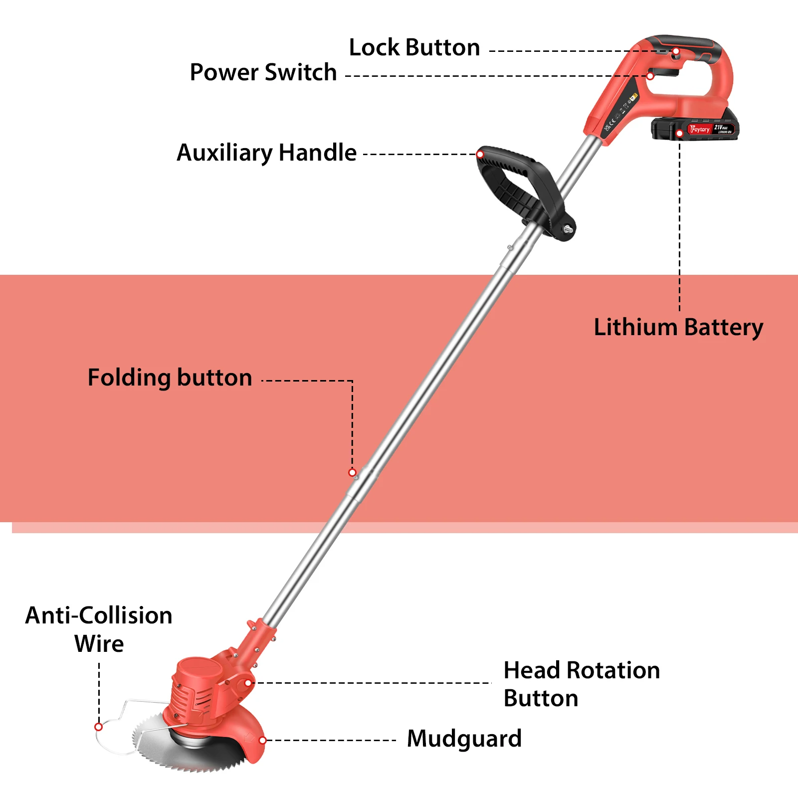DayPlus Garden Cordless Strimmer Electric Grass Strimmer with Battery&10 Metal Blades,Pruning Cutter Garden Tool for Lawn Garden