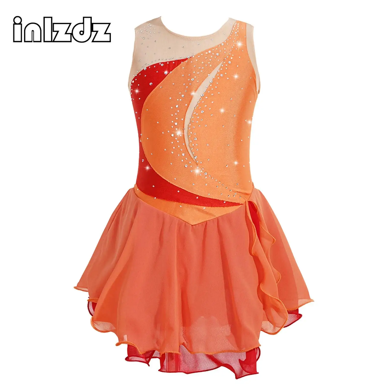 

Kids Girls Rhinestone Ballet Jersey Gymnastics Leotard Tutu Dance Wear Sleeveless Ruffle Chiffon Figure Skating Dance Dress