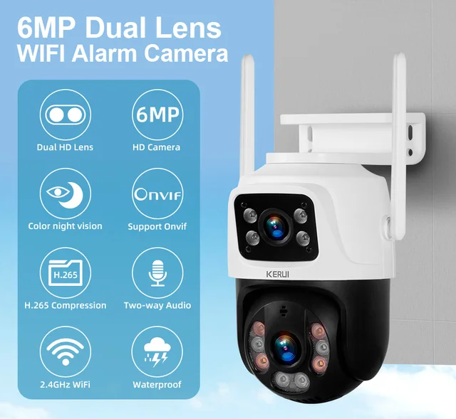 KERUI 6MP WIFI IP Camera Outdoor PTZ Dual Lens Dual Screen Auto Tracking Waterproof Security Surveillance Police Light Alarm 6