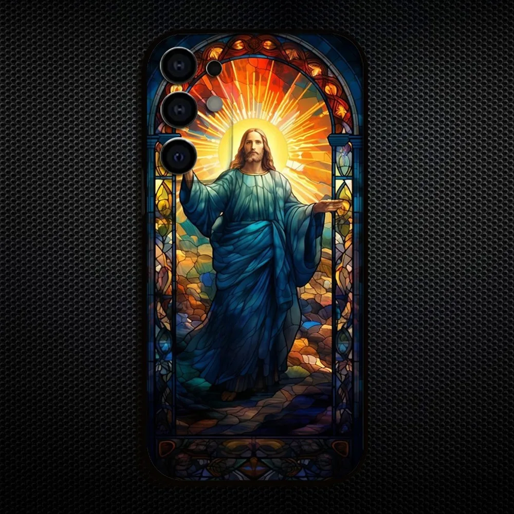 Classic Stained Glass Jesus Christ Phone Case - Elegant Black Cover