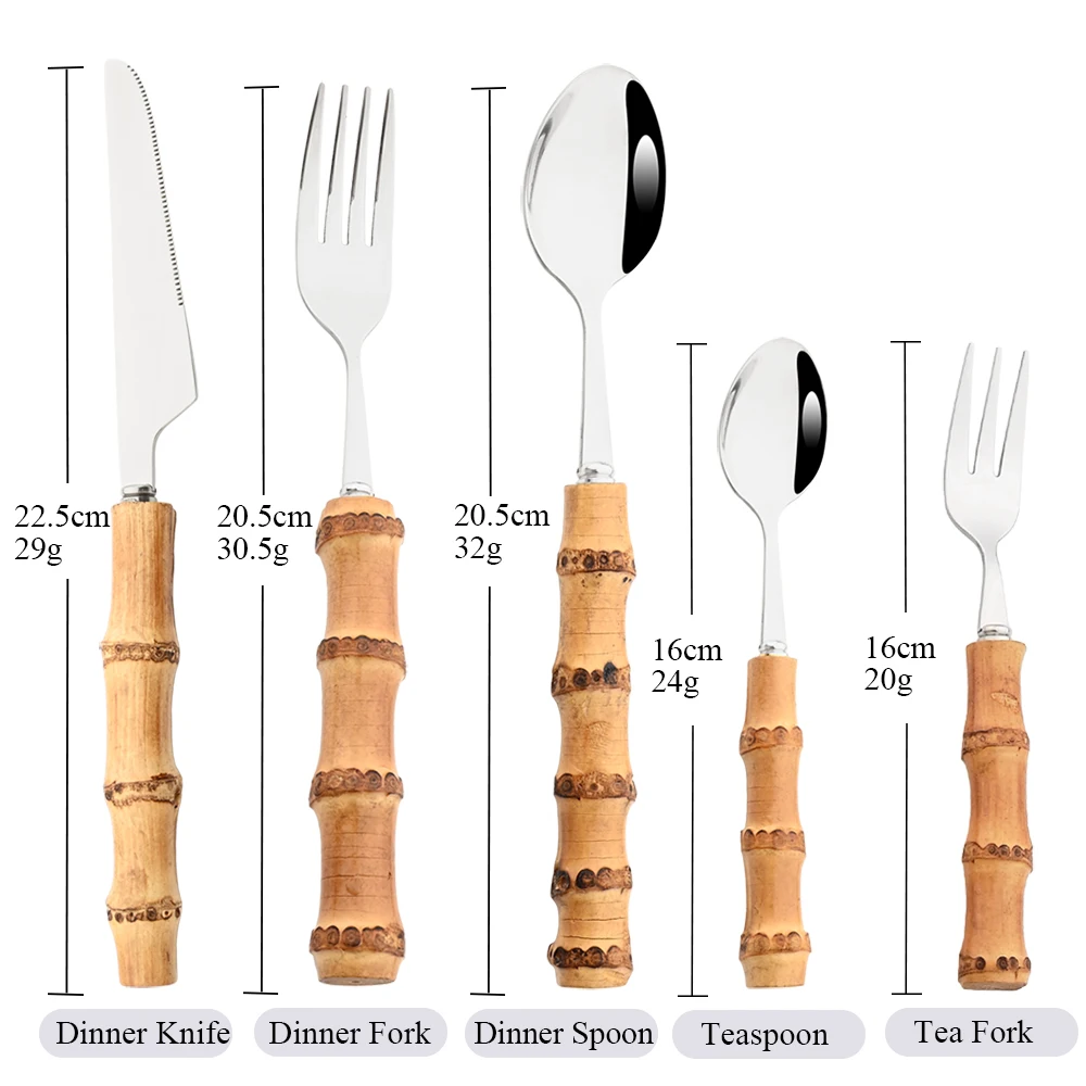 Description Picture 2 of itemWestern Flatware Set 4/20Pcs Knife Tea Fork Spoons Tableware Stainless Steel Cutlery Set Natural Bamboo Handle Dinnerware Set