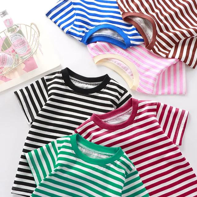 T-shirt rayé 100 % coton pour enfants, garçons, bébés, chemise rouge, hauts en gros pour garçons et filles, chemises de base, vêtements coréens pour enfants 2026 1