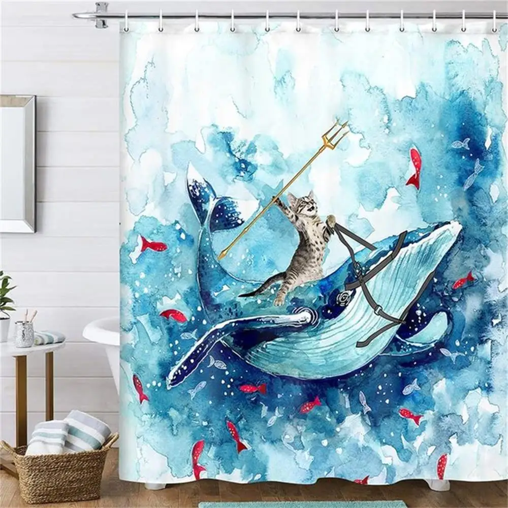 SDOTPMT 90 x 183 cm Grappige Leuke Kat Haai Douchegordijn Blauw Oceaan Golf Bad Curtian Zomer Cartoon Schilderij Bad Gordijn voor Kinderen Badkamer Decor Polyester met Haken