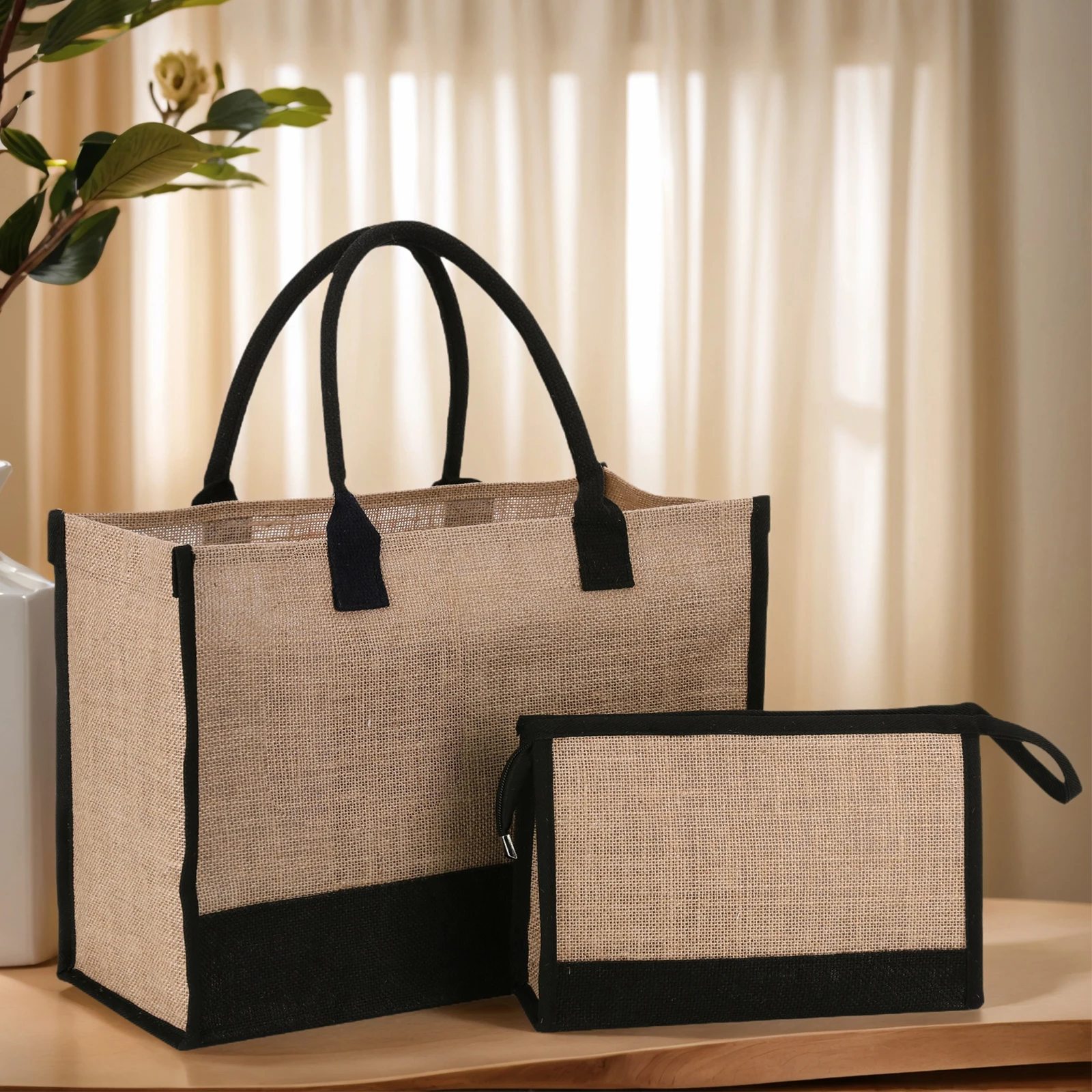 Women Jute Tote Bag Jute Beach Bag Large Capacity with Pouch Reusable Gift Tote Bag Patchwork Shopping Bag DIY Travel Bag