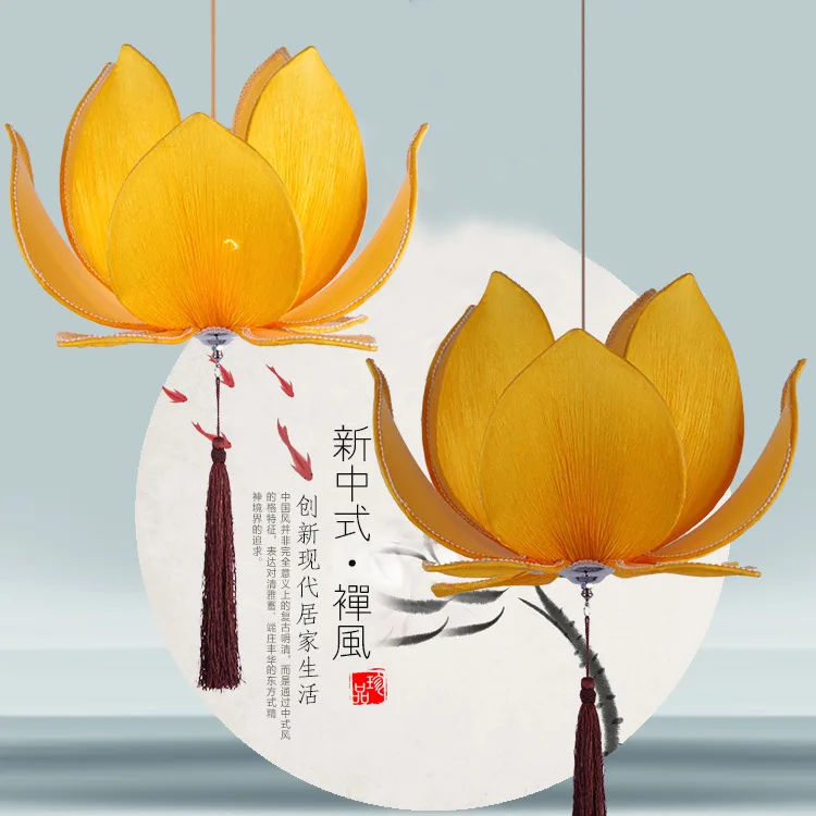 New Chinese Style Cloth Lotus Chandelier Classical Lotus Lamp Buddha Light Zen Buddhist Hall Temple Living Room Dining Room Lamp 4