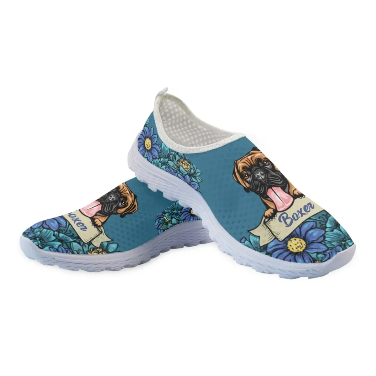 Lovely Boxer Dog Print Slip-on Mesh Shoes Custom Personalized Flats For Dog Lovers Floral Light Loafers For Mom Gift