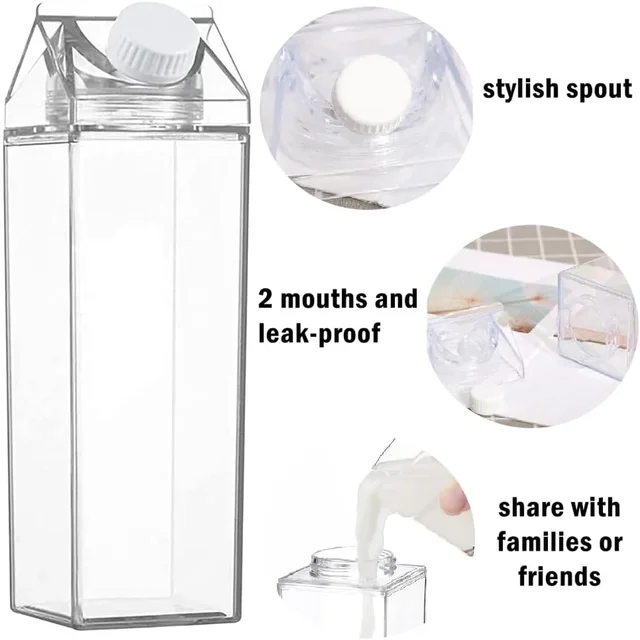 2pcs Milk Carton Water Bottle Transparent Plastic Square Milk Orange Juice Tea Container Box Sport Cup for Sports Travel Camping 2