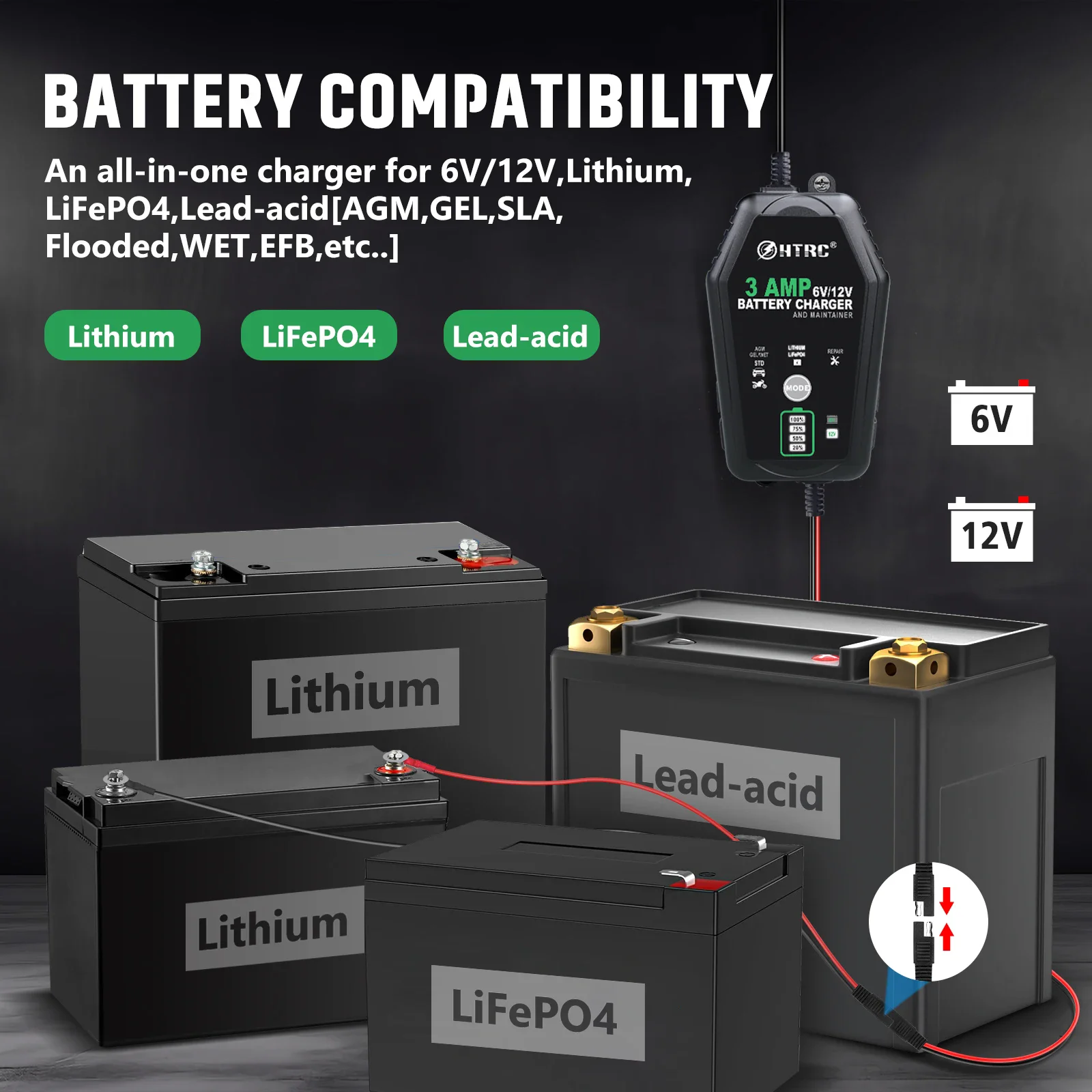 Smart Multi-Voltage Battery Charger for Lithium, LiFePO4, and Lead-Acid Batteries