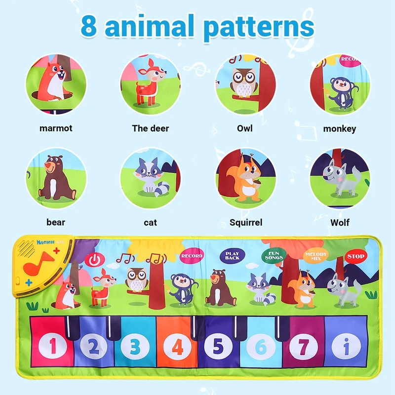 Music Game Mat Musical Piano Mat For Kids Floor Keyboard Dance With 8 Animal Sounds Baby Study Educational Toys-A82K
