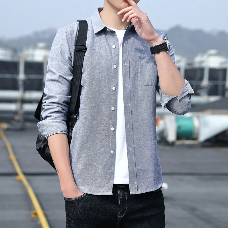

Casual Shirt Men's Foldable Collar Solid Color Versatile for Daily Wear Young College Business Plaid Shirt