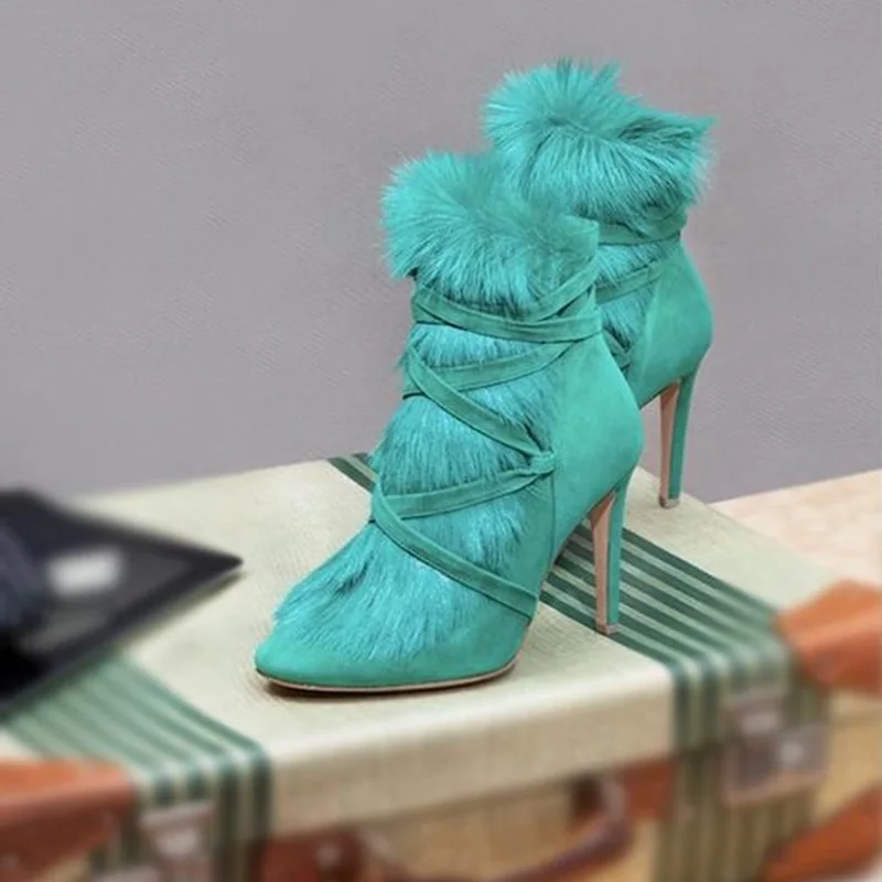

Green Fur Ankle Boots High Heel Lace-up Pointed Toe Suede Cross Strap Dress Shoes Fashion Party Banquet Shoes Drop Ship