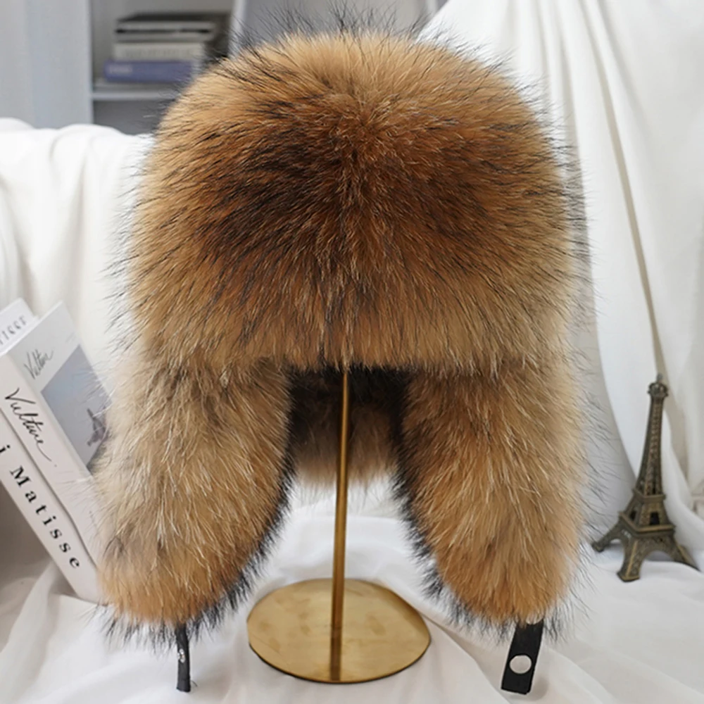 Winter Men's 100% Real Silver Fox Fur Aviator Bomber Hat Raccoon Fur Ushanka Cap Trapper Russian Man Ski Hats Caps Real Leather 5