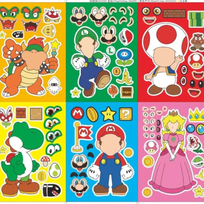 

6Sheets Super Mario Puzzle Anime Stickers Make-a-Face Assemble Funny DIY Decal Assemble Jigsaw Children Girl Birthday Gift