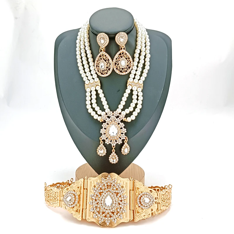 Arab Wedding Ornaments Set Fashionable Green Rhinestone Jewelry Moroccan Women Pearl Earrings Pearl Necklace Waist Chain,