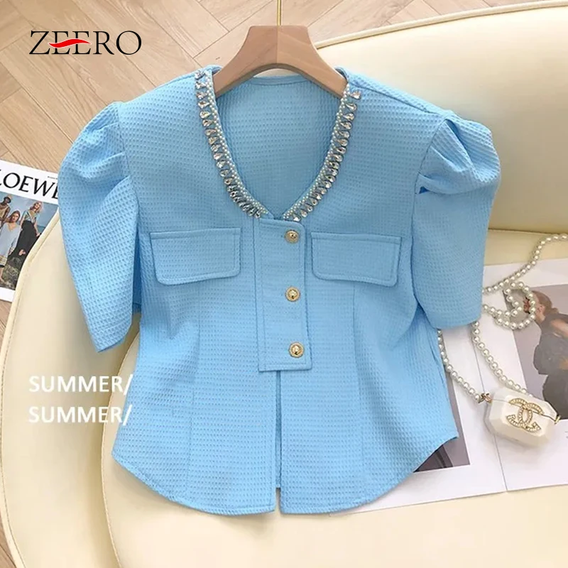 

Женская короткая рубашка со стразами, Повседневная однобортная блузка с V-образным вырезом, элегантный укороченный топ на лето