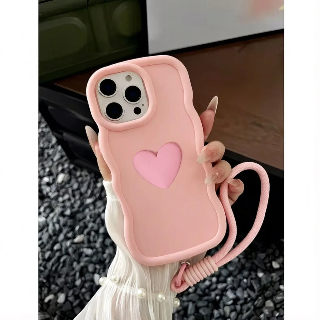 3D Love Heart Wavy Frame Shockproof Cover with Lanyard