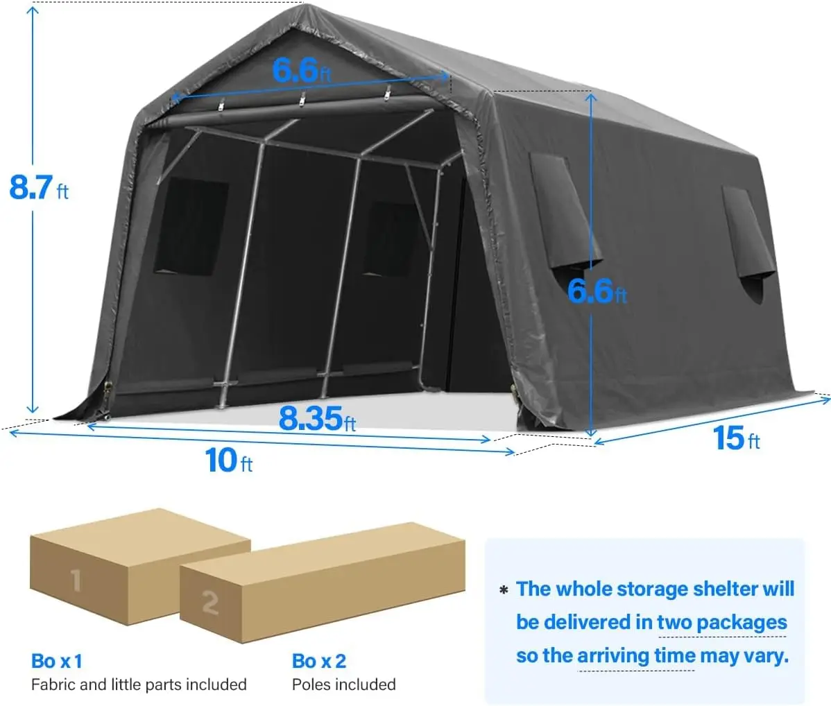 10X15 ft Garage Shelter Steel Metal Peak Roof Anti-Snow Portable Storage Shed Carport with 2 Roll up Doors & Vents