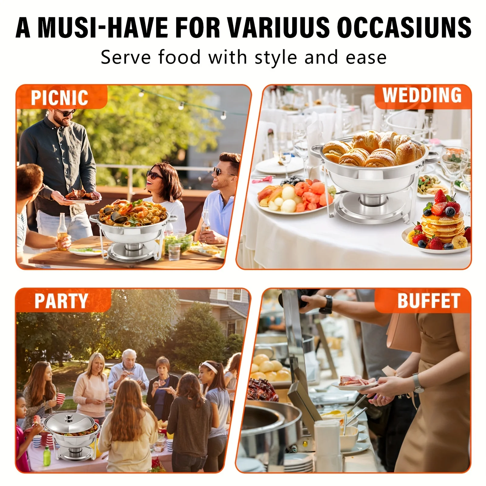 1 Packs Round 5QT Chafing Dish et Set, Food Pans, Water Pan and Fuel Holders for Restaurant Catering Parties Weddings