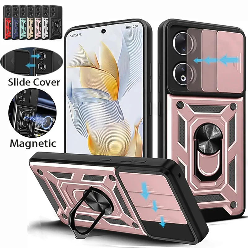 Armor Shockproof Phone Case with Magnetic 360-Degree Ring Holder and Slide Lens Cover